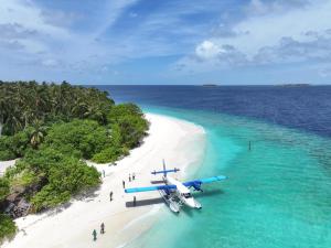 a plane sitting on a beach in the ocean at Wings by Hawks Hotels Kamadhoo Baa Atoll in Kamadhoo