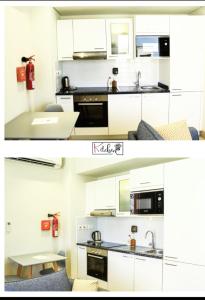 two pictures of a kitchen with white cabinets at Hawana Salalah in Salalah