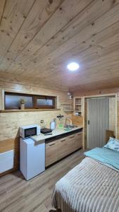 a room with a kitchen and a bed in a cabin at Гори Вражень in Skole