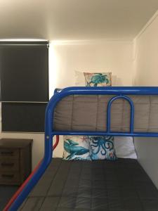 a bunk bed with a blue railing in a room at Rangiputa Retreat in Karikari Peninsula +24 photos