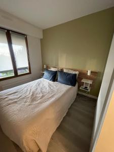 ein Schlafzimmer mit einem großen Bett mit blauen Kissen in der Unterkunft Deauville Proche Plage - Piscine Chauffée - Jacuzzi - Sauna in Deauville