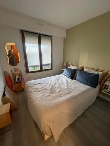 ein Schlafzimmer mit großem Bett und Fenster in der Unterkunft Deauville Proche Plage - Piscine Chauffée - Jacuzzi - Sauna in Deauville + 13 Fotos