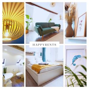 a collage of photos of a living room at Zentrale, gemütliche Dachgeschoss-Etage - 52qm - Altes Haus auf 2,5 Etagen exklusiv für Dich - mit 1 Schlafzimmer, Wohnzimmer und Rückzugsraum zum Verweilen - Küche, großes Bad, Netflix in Halle an der Saale