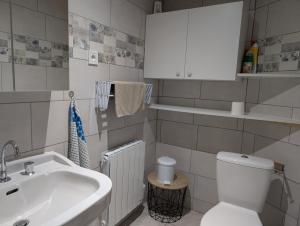 a bathroom with a white sink and a toilet at PETIT MAS COSY DU BORD DE LOIRE a 15 MM DU PARC LE PAL in Diou
