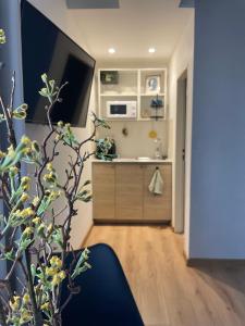 a living room with a kitchen and a plant at Atlas suites WEST in Košice
