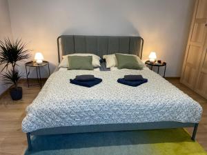 a bedroom with a bed with two pillows on it at Atlas suites WEST in Košice +4 photos