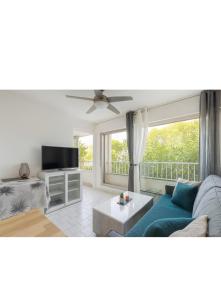 un salon avec un canapé et une télévision dans l'établissement Appt LGM, au couchant, piscine, 300m plage, à La Grande Motte
