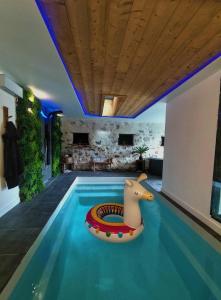 a swimming pool with a pool noodle in a house at La Grange Piscine Indoor Pool and Spa Lake Annecy in Lathuile