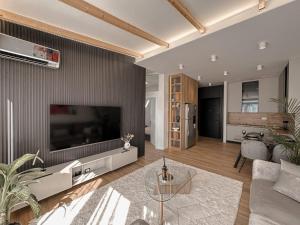Una sala de estar con un televisor de pantalla plana grande. en Luxury Penthouse, en Tirane