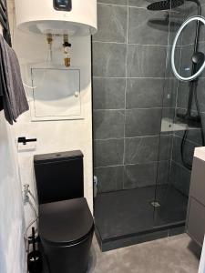 a bathroom with a toilet and a glass shower at Magnifique studio à 250 mètres des pistes avec tout inclus in Bolquere Pyrenees 2000