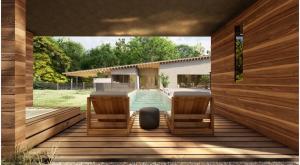 a deck with a plunge pool in a backyard at 久留里山荘 in Kimitsu