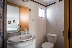 a bathroom with a sink and a toilet and a mirror at Vivienda de Turismo Rural Granja La Lomica in Ladruñán +23 photos