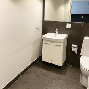 a bathroom with a white sink and a toilet at Aurora Luxe Apartment Stay in Växjö +4 photos