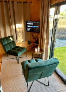 a living room with two green chairs and a tv at Cosy Lodgy in Eslettes