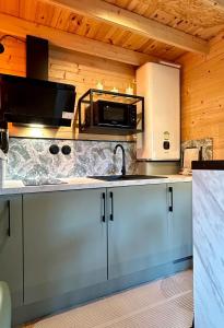 a kitchen with a sink and a microwave at Cosy Lodgy in Eslettes +20 photos