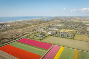 an aerial view of a field with colorful crops at Residence Westduin in Sint Maartensvlotbrug