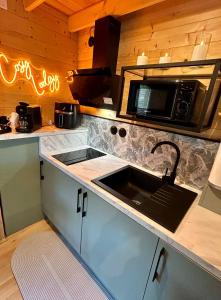 a kitchen with a sink and a microwave at Cosy Lodgy in Eslettes