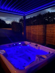 a jacuzzi tub in a room with a blue light at Cosy Lodgy in Eslettes