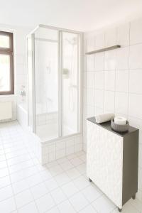 a white bathroom with a shower and a sink at TOP ANGEBOT - große Wohnung - max 6 Personen - WiFi - Waschmaschine - Badewanne - 2 Parkplätze - zentrale Lage - große Küche TOP in Chemnitz +9 photos