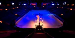 a fire in a boat in a room with lights at Växjö Premium Suite at Vida Arena Växjö Arenastaden Business Ready Fast WiFi in Växjö