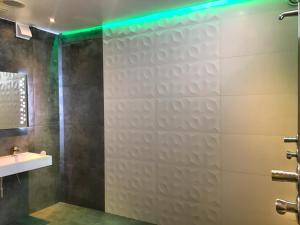 a bathroom with a shower and a sink at Wohnen inklusive Fitness & Wellness in Dessau +48 photos