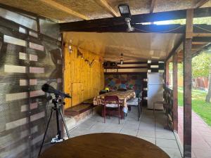 a camera on a tripod in a room with a table at Cabana Antonio&Thea in Poiana Ţapului