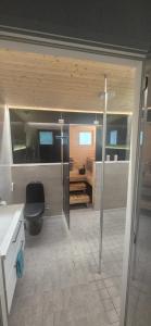 a bathroom with a black toilet in a room at City Light in Tornio