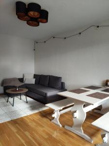a living room with a couch and a table at Kaksio lähellä keskustaa in Iisalmi