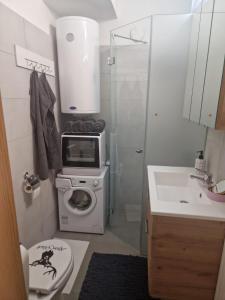 a bathroom with a toilet a sink and a microwave at Alpenglück Apartment in Bach