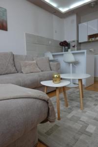 Una sala de estar con un sofá y dos mesas. en Stan u centru Niša, Obilićev venac, en Niš