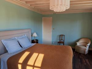 a bedroom with a bed and a chair and a chandelier at D OR et D ARGENT in Arceau