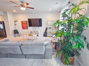 a living room with two couches and a large plant at Impeccable 3BR Townhouse Near RDU & Hospitals in Cary