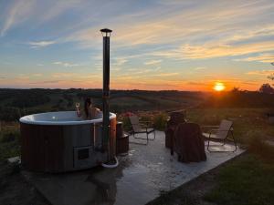 a hot tub with a dog sitting in it at sunset at Le Relais de D'Artagnan in Peyrusse-Grande +14 photos