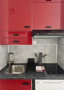 a kitchen with red cabinets and a sink at Studio Cosy avec parking privé - RER A - proche Paris & Disney in Noisy-le-Grand