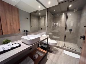a bathroom with a toilet and a sink and a shower at Nico Apartasuites in Bogotá +37 photos