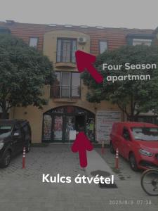 two pictures of two cars parked in front of a building at Four Seasons apartman in Mórahalom +5 photos