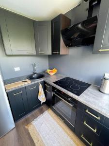 a kitchen with black cabinets and a sink and a stove at Hubane 2-toaline korter in Jõhvi