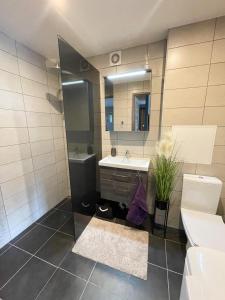 a bathroom with a sink and a toilet and a mirror at Hubane 2-toaline korter in Jõhvi