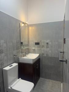 a bathroom with a toilet and a sink and a mirror at Lotus Manuvala - Negombo in Kochchikade +6 photos