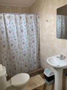a bathroom with a toilet and a sink and a shower curtain at Mini departamento centrico in Arica