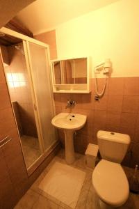 a small bathroom with a toilet and a sink at Hotel Kapitán in Žatec