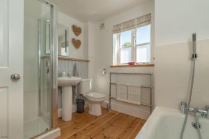 a bathroom with a toilet and a sink and a shower at Artro in Llanbedr +31 photos