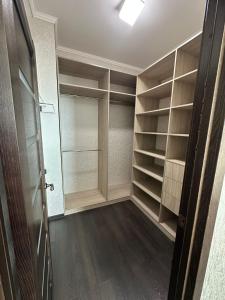 un vestidor con estanterías de madera y una puerta en Panorama Dnipro apartment, en Dobrovelychkivka