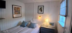 ein Schlafzimmer mit einem Bett mit blauen Kissen und einem Fenster in der Unterkunft Aurora Cottage Åre Järpen 