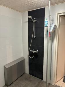 y baño con ducha y pared negra. en WhiteHouse, peaceful togetherness, en Lehtimäki 24 fotos más