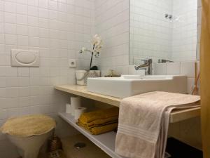 ein weißes Badezimmer mit Waschbecken und Spiegel in der Unterkunft Oriente River Apartments by Paula de Assunção in Lisbon Humberto Delgado Airport