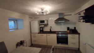 una cucina con frigorifero e forno a microonde di Ferienwohnung, Apartment, Pension - Berlin Neuenhagen a Niederheide