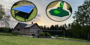 una casa con un aro de baloncesto y una casa con una casa en Eaglenest, en Baelen