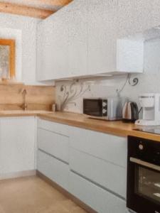 TribaljにあるVila Castle Tribaljの白いキャビネットと電子レンジを備えたキッチン