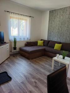 Una sala de estar con un sofá y un televisor. en Mediterran Apartman, en Zalakaros